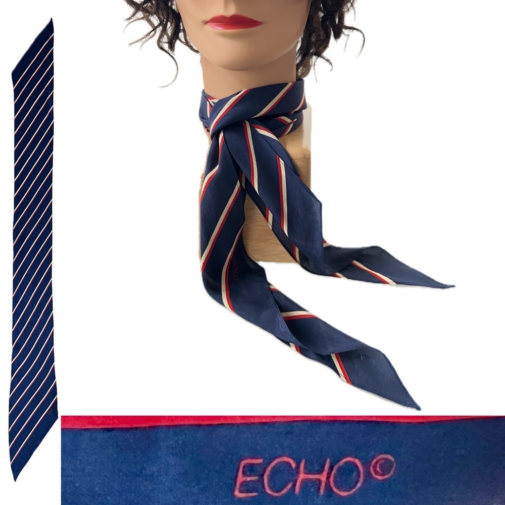 🇺🇸Diagonally Striped Navy Red & Light Tan Silk Scarf with Diagonal Ends by Echo